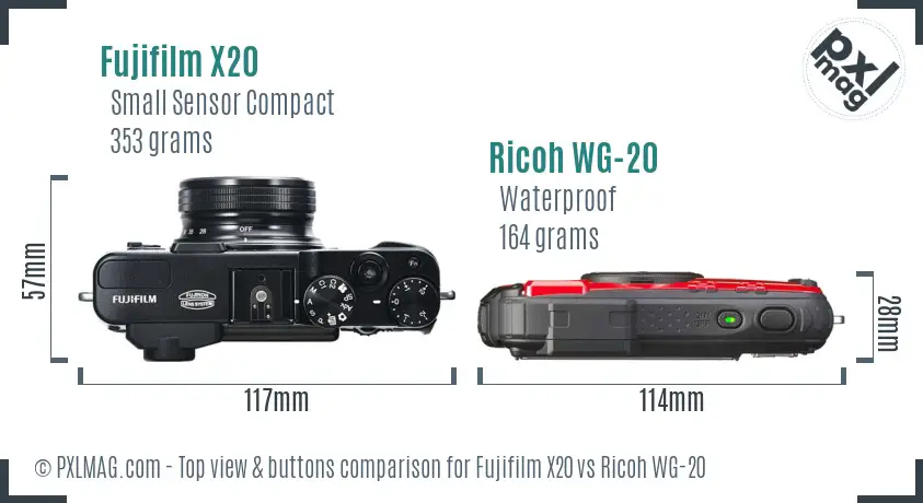Fujifilm X20 vs Ricoh WG-20 top view buttons comparison