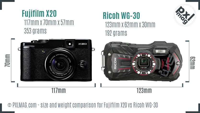 Fujifilm X20 vs Ricoh WG-30 size comparison