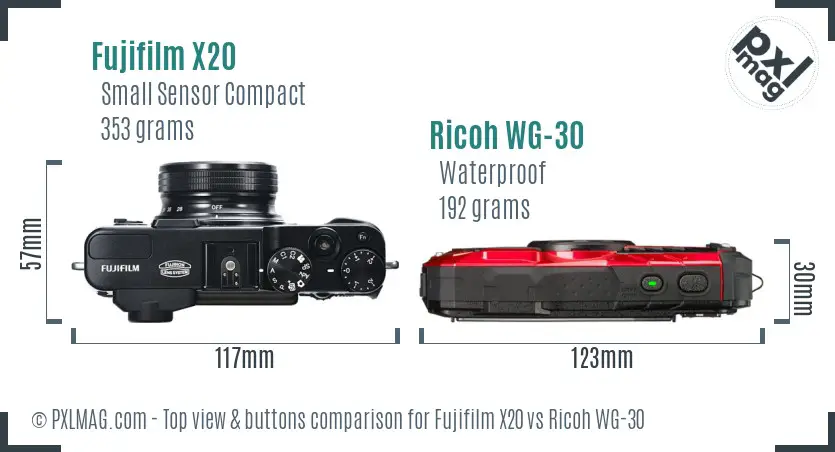 Fujifilm X20 vs Ricoh WG-30 top view buttons comparison