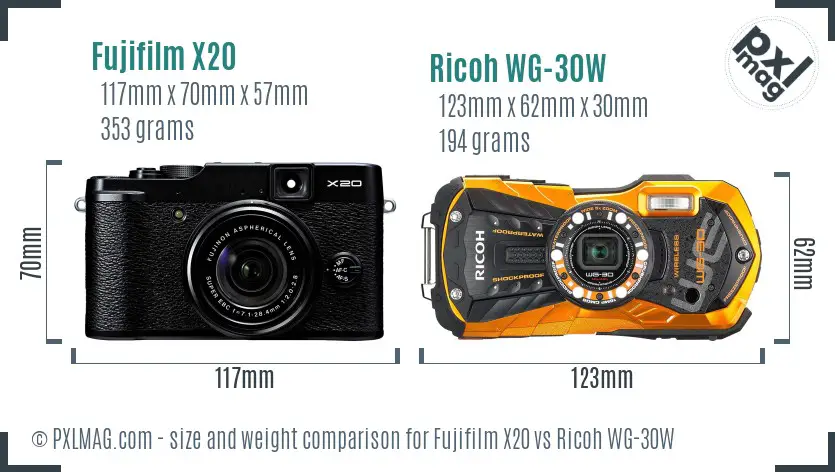 Fujifilm X20 vs Ricoh WG-30W size comparison