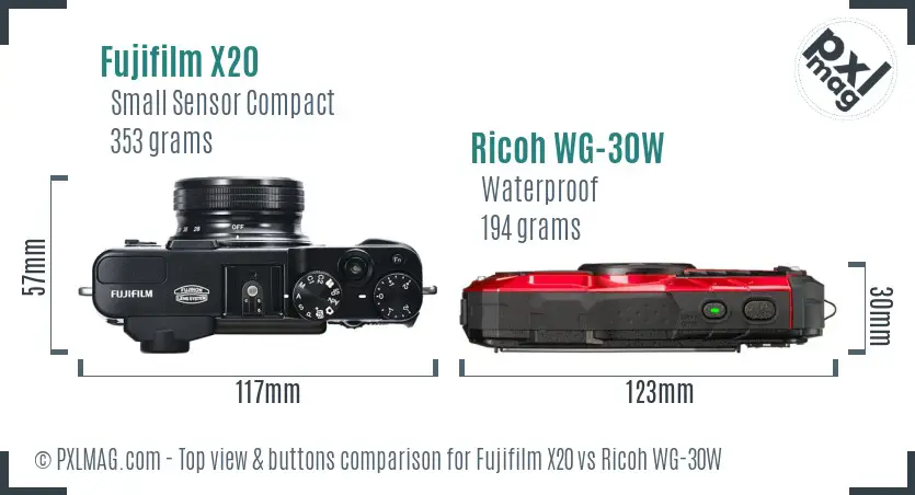 Fujifilm X20 vs Ricoh WG-30W top view buttons comparison