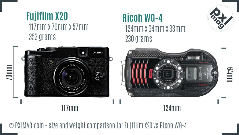 Fujifilm X20 vs Ricoh WG-4 size comparison