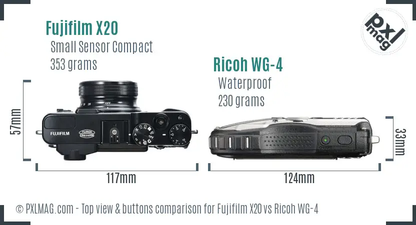 Fujifilm X20 vs Ricoh WG-4 top view buttons comparison