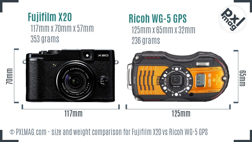 Fujifilm X20 vs Ricoh WG-5 GPS size comparison