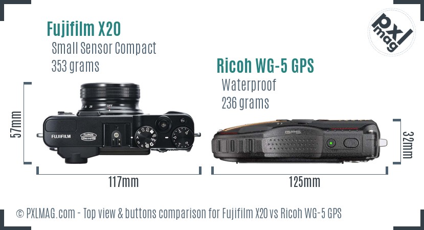 Fujifilm X20 vs Ricoh WG-5 GPS top view buttons comparison