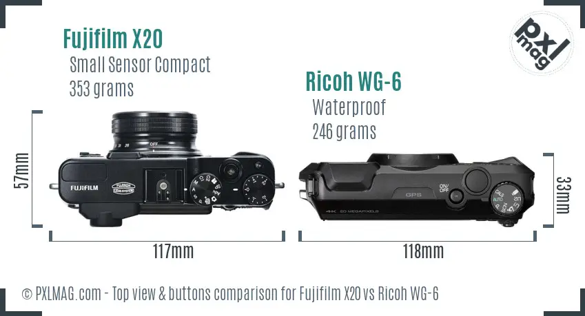 Fujifilm X20 vs Ricoh WG-6 top view buttons comparison