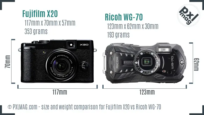 Fujifilm X20 vs Ricoh WG-70 size comparison