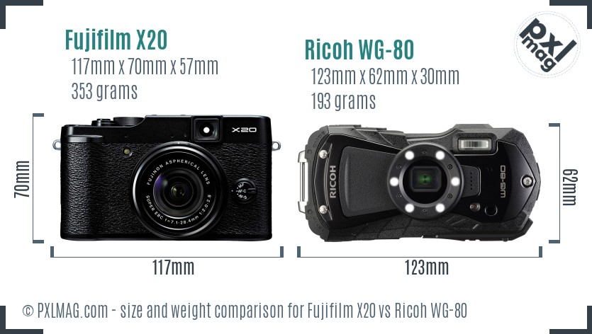 Fujifilm X20 vs Ricoh WG-80 size comparison