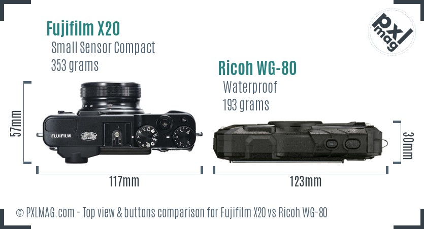 Fujifilm X20 vs Ricoh WG-80 top view buttons comparison