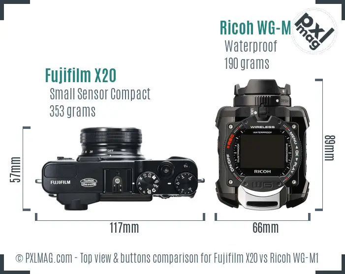 Fujifilm X20 vs Ricoh WG-M1 top view buttons comparison Fujifilm X20 vs Ricoh WG-M1 top view buttons comparison