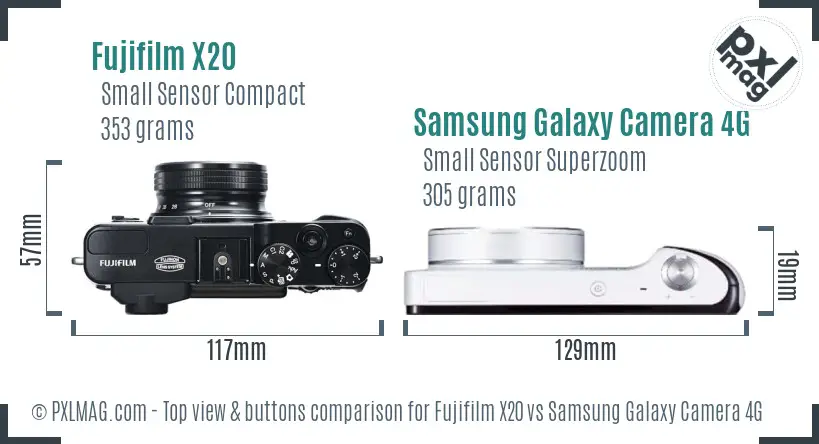 Fujifilm X20 vs Samsung Galaxy Camera 4G top view buttons comparison