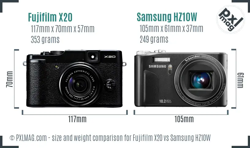 Fujifilm X20 vs Samsung HZ10W size comparison