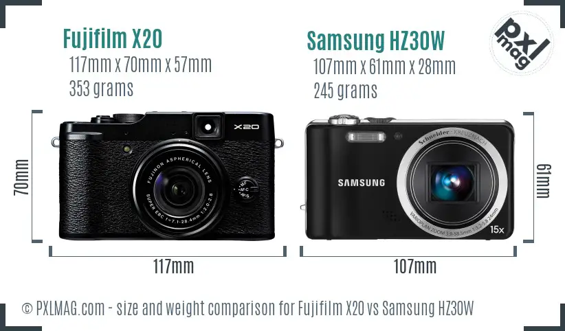 Fujifilm X20 vs Samsung HZ30W size comparison