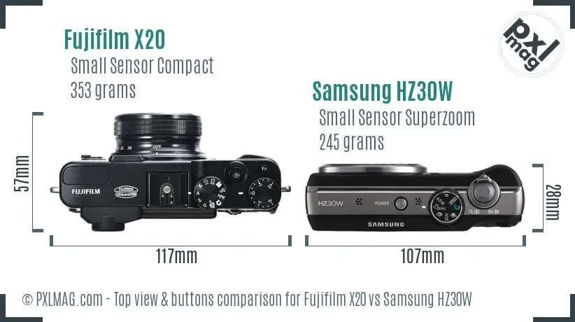 Fujifilm X20 vs Samsung HZ30W top view buttons comparison