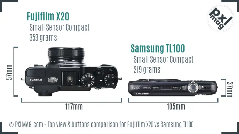 Fujifilm X20 vs Samsung TL100 top view buttons comparison