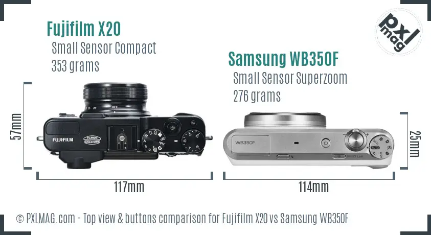 Fujifilm X20 vs Samsung WB350F top view buttons comparison Fujifilm X20 vs Samsung WB350F top view buttons comparison