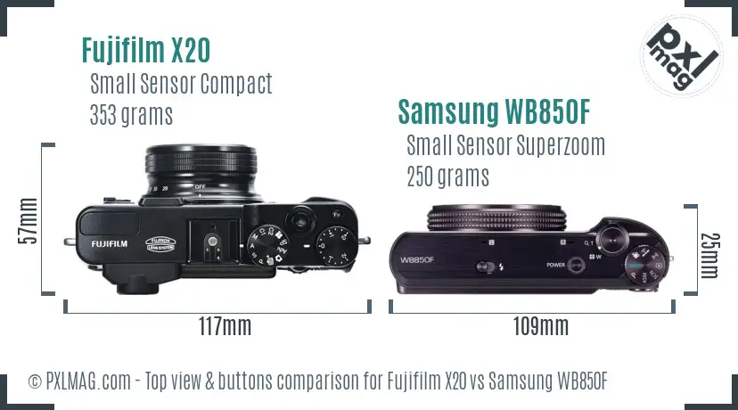 Fujifilm X20 vs Samsung WB850F top view buttons comparison Fujifilm X20 vs Samsung WB850F top view buttons comparison