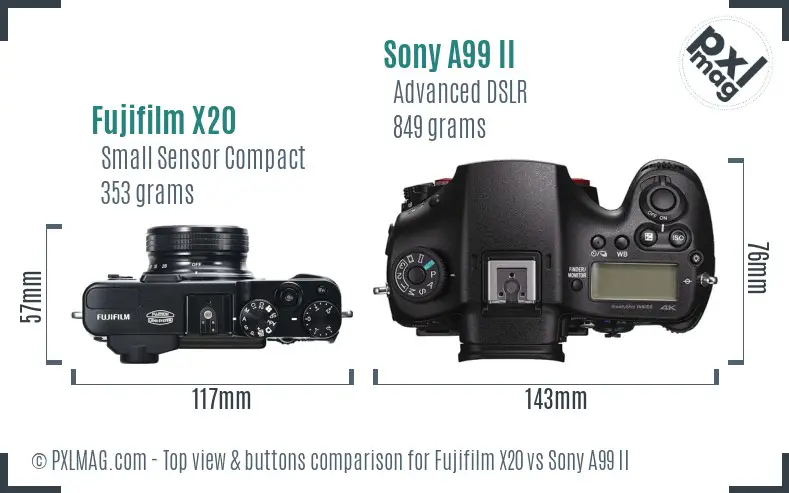 Fujifilm X20 vs Sony A99 II top view buttons comparison