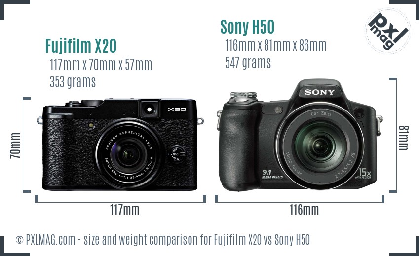 Fujifilm X20 vs Sony H50 size comparison