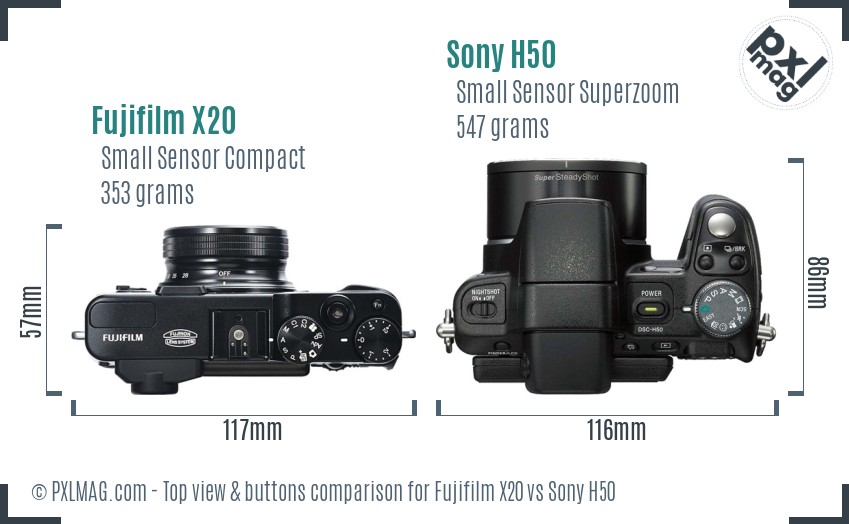 Fujifilm X20 vs Sony H50 top view buttons comparison