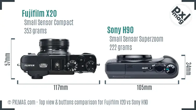 Fujifilm X20 vs Sony H90 top view buttons comparison Fujifilm X20 vs Sony H90 top view buttons comparison