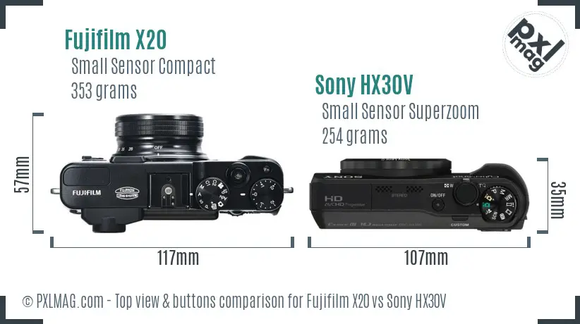 Fujifilm X20 vs Sony HX30V top view buttons comparison