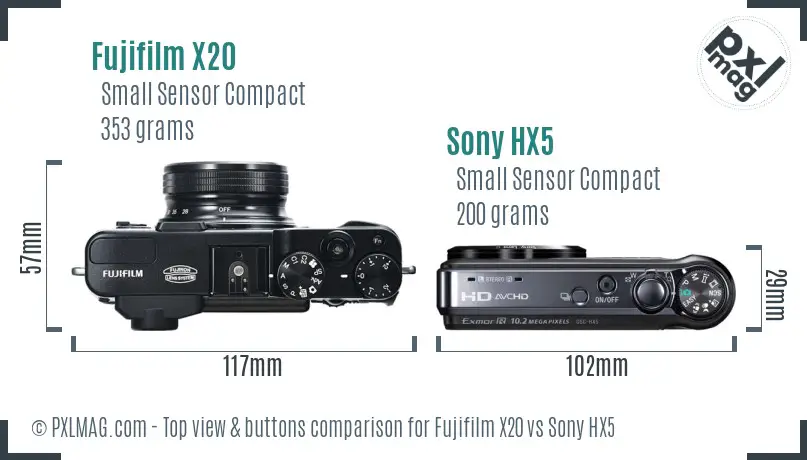 Fujifilm X20 vs Sony HX5 top view buttons comparison