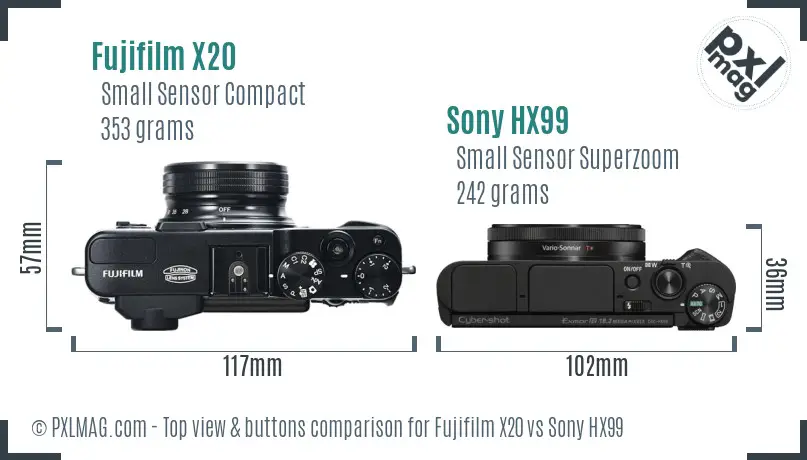 Fujifilm X20 vs Sony HX99 top view buttons comparison Fujifilm X20 vs Sony HX99 top view buttons comparison