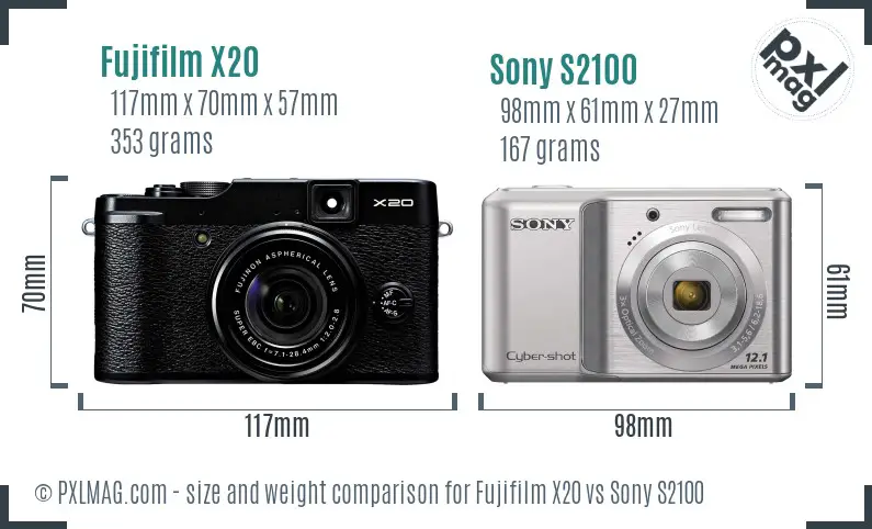 Fujifilm X20 vs Sony S2100 size comparison