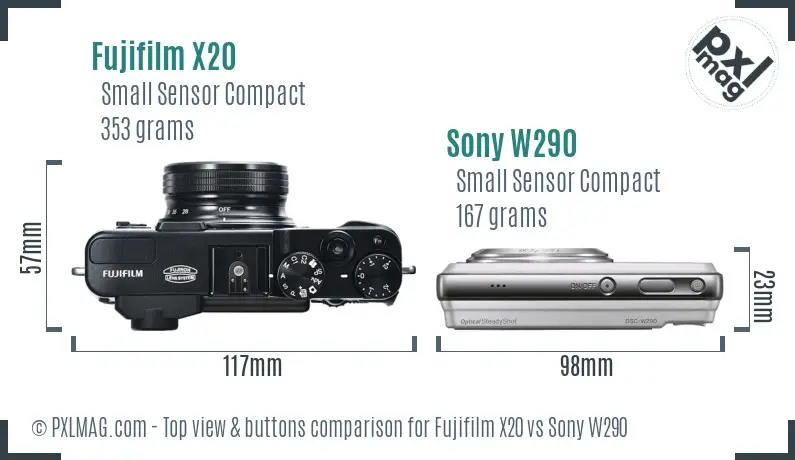 Fujifilm X20 vs Sony W290 top view buttons comparison