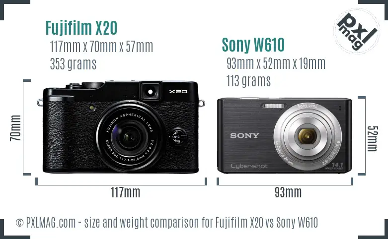 Fujifilm X20 vs Sony W610 size comparison