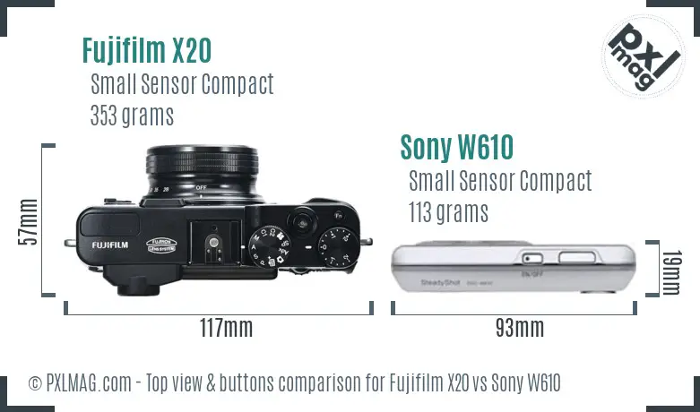 Fujifilm X20 vs Sony W610 top view buttons comparison