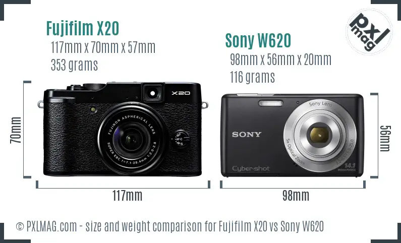 Fujifilm X20 vs Sony W620 size comparison