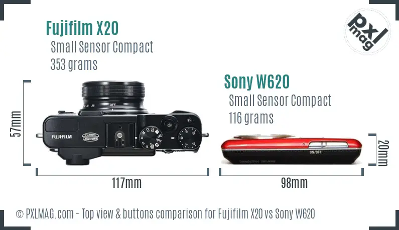 Fujifilm X20 vs Sony W620 top view buttons comparison