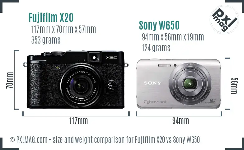 Fujifilm X20 vs Sony W650 size comparison