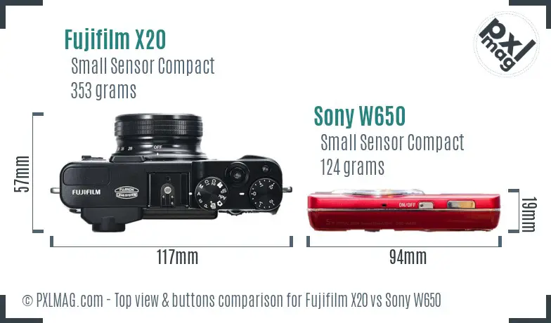 Fujifilm X20 vs Sony W650 top view buttons comparison