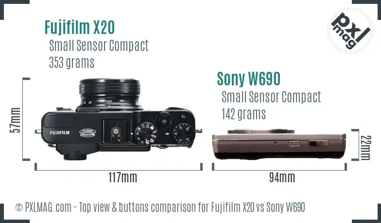 Fujifilm X20 vs Sony W690 top view buttons comparison