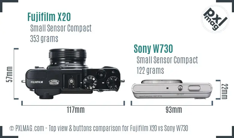 Fujifilm X20 vs Sony W730 top view buttons comparison