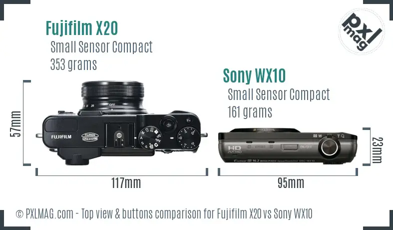 Fujifilm X20 vs Sony WX10 top view buttons comparison