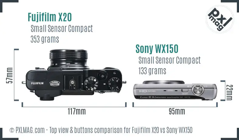 Fujifilm X20 vs Sony WX150 top view buttons comparison
