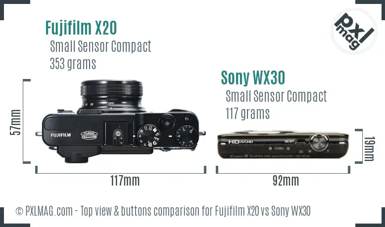 Fujifilm X20 vs Sony WX30 top view buttons comparison