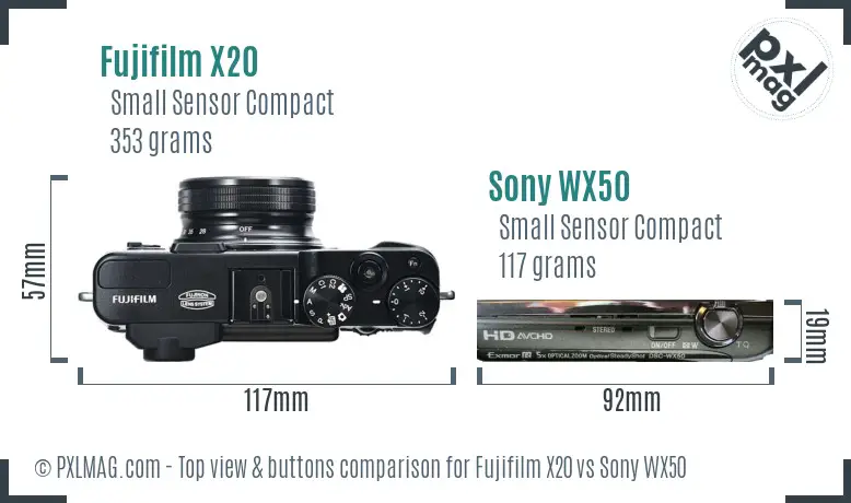 Fujifilm X20 vs Sony WX50 top view buttons comparison