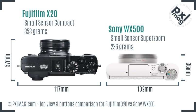 Fujifilm X20 vs Sony WX500 top view buttons comparison