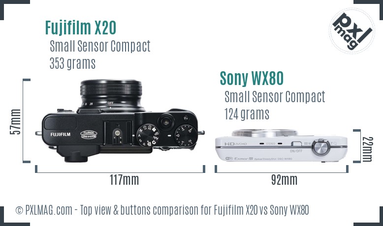 Fujifilm X20 vs Sony WX80 top view buttons comparison