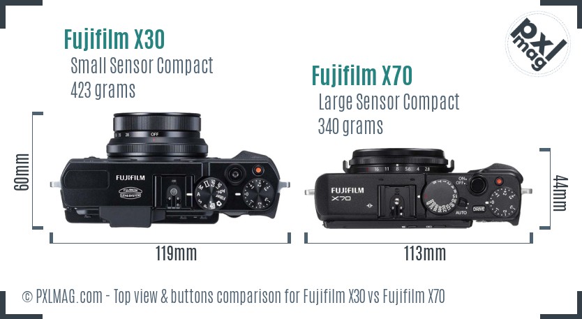 Fujifilm X30 vs Fujifilm X70 top view buttons comparison