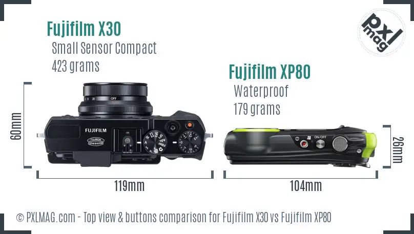 Fujifilm X30 vs Fujifilm XP80 top view buttons comparison