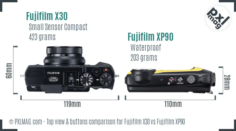 Fujifilm X30 vs Fujifilm XP90 top view buttons comparison