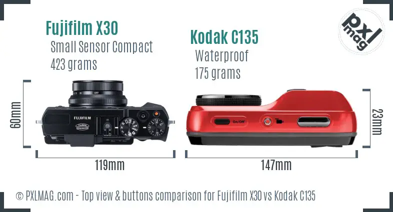 Fujifilm X30 vs Kodak C135 top view buttons comparison