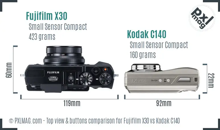 Fujifilm X30 vs Kodak C140 top view buttons comparison