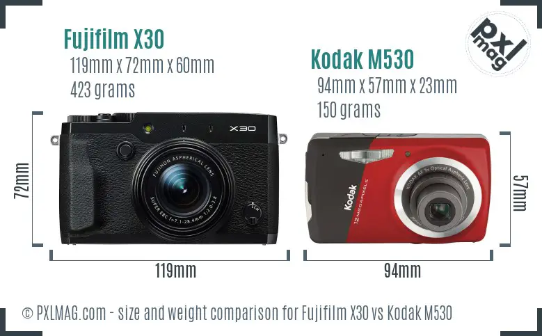 Fujifilm X30 vs Kodak M530 size comparison